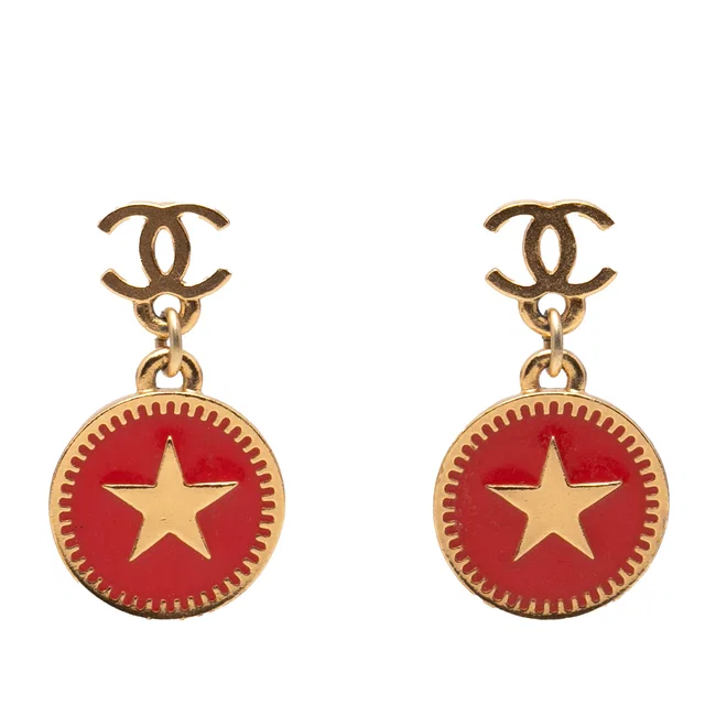 Gold Chanel CC Gold Plated Enamel Star Dangling Push Back Earrings in Gold from Designer Revival