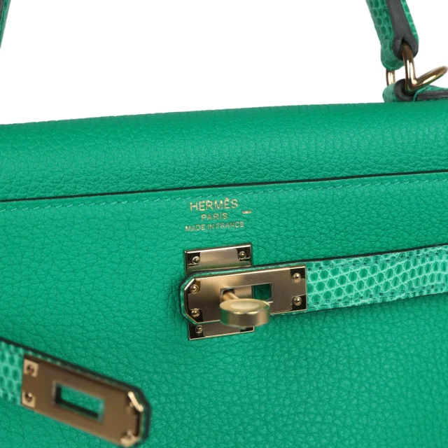 Hermès Kelly Retourne 25 Menthe Togo and Varanus Niloticus Lizard Touch Permabrass Hardware in Togo leather from Madison Avenue Couture, photo 7 of 9