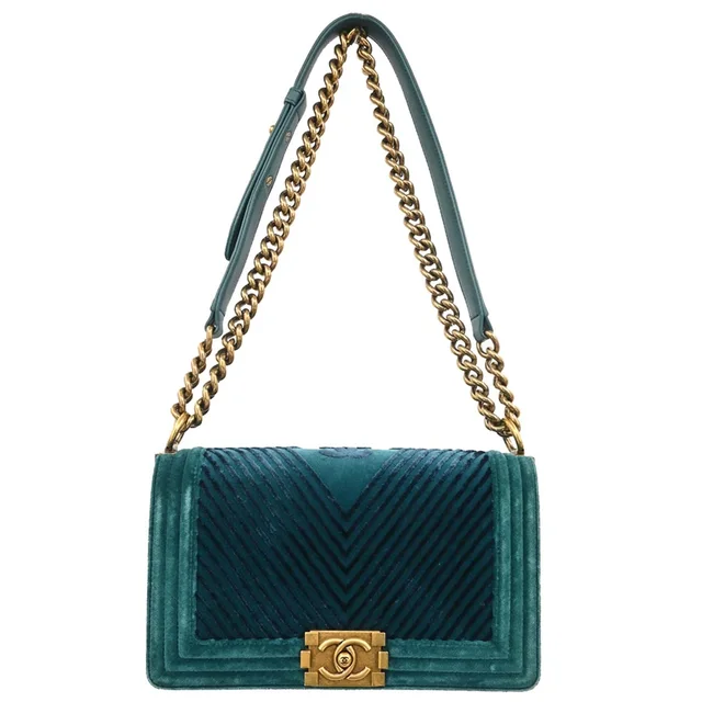 Boy Chanel 2017-2018 Green Velvet Chevron Medium Shoulder Bag in Green Velvet from AMORE Vintage Tokyo