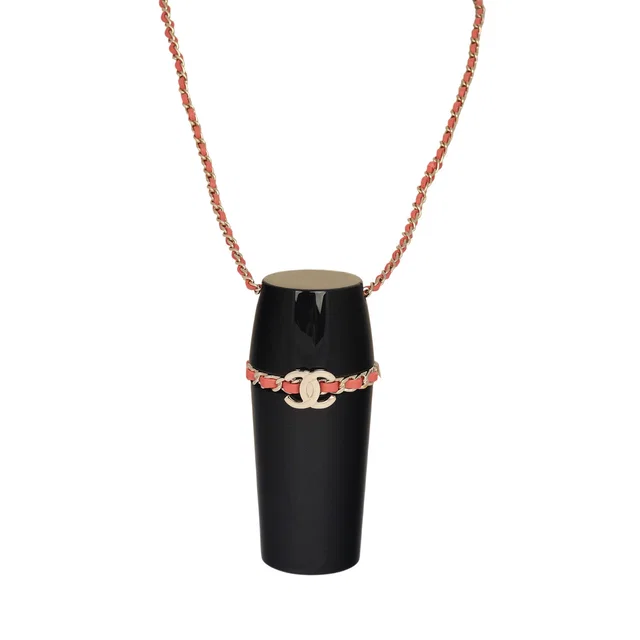 Chanel Lipstick Case Long Necklace Black Resin, Orange Leather Light Gold Hardware in Black Leather from Madison Avenue Couture