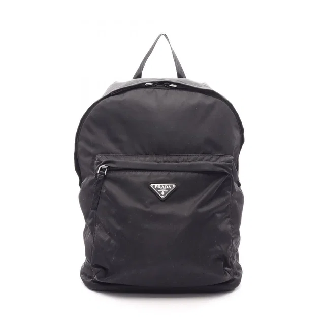 Prada Backpack Triangle Plate Black Nylon Logo Back in Black Nylon from The Reluxe
