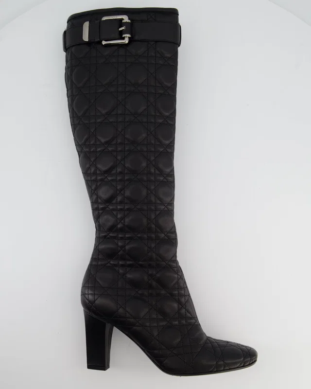 Dior Cannage Black Leather Knee Boots with Buckle Detail Size 37 in Black Leather from Sellier