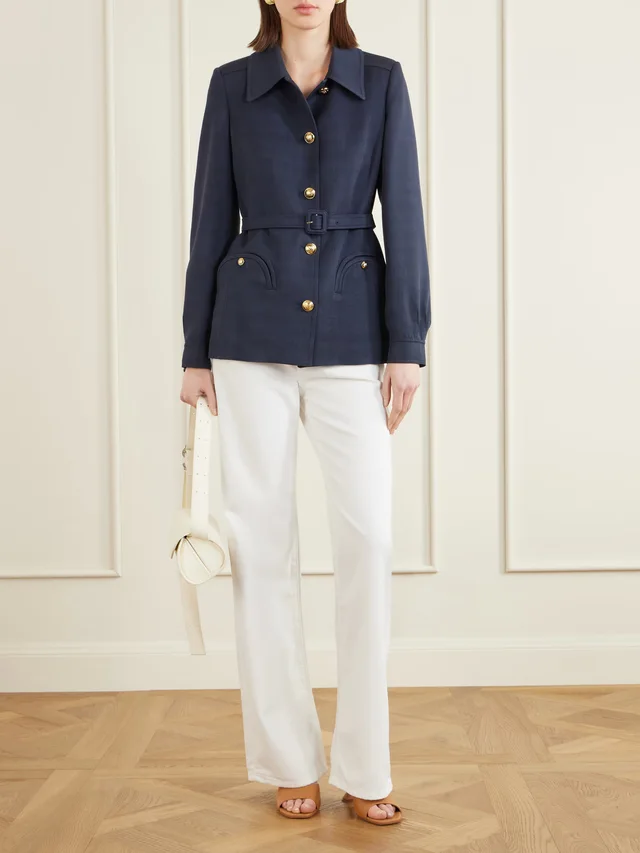 BLAZÉ MILANO Genesis Paint belted woven jacket in navy 68% Viscose 32% Acetate, photo 2 of 5 from NET-A-PORTER (Canada)