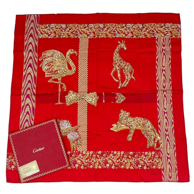 Cartier Cartie Scarf Large Silk Animal Pattern Leopard Print Red in Red Silk from The Reluxe