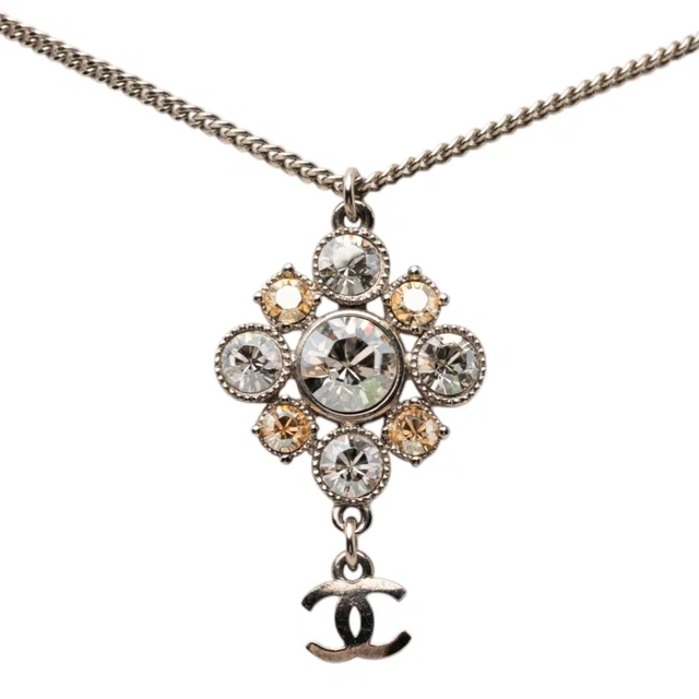 Silver Chanel Brass CC Strass Pendant Necklace in Silver from Designer Revival
