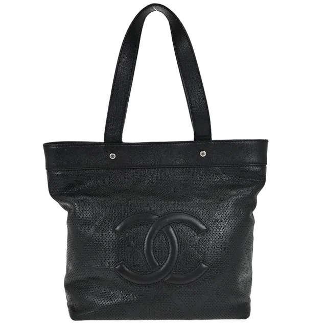 Chanel 2006-2008 Black Perforated Calfskin Tote Handbag in Black Calfskin from AMORE Vintage Tokyo