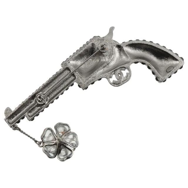 Chanel 2014 Rhinestone Camellia Pistol Motif Brooch, Silver in Silver from VINTAGE QOO TOKYO, photo 2 of 4