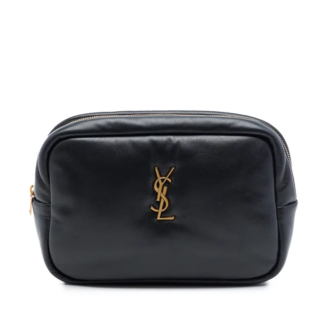 Black Saint Laurent Small Padded Lambskin Monogram Calypso Cosmetic Pouch in Black Lambskin from Designer Revival