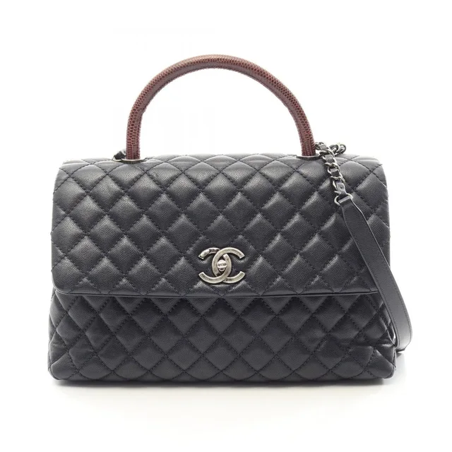 Chanel Handbag Quilted Coco Handle 2-Way Navy Red Brown Caviar Leather Chain in Brown Caviar leather from The Reluxe