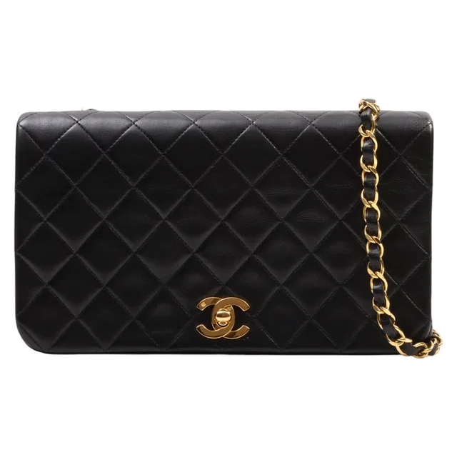 Chanel Circa 1990 full flap chain bag 23cm black in Black Lambskin from VINTAGE QOO TOKYO