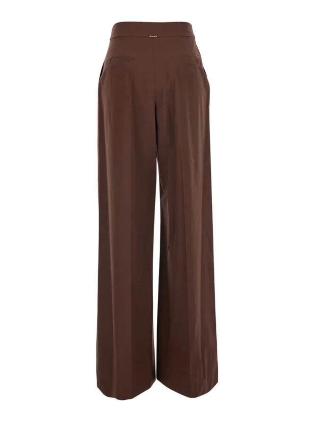 Twinset Brown Pants with logo plate on the back and wide leg in stretch cotton for women in Brown 98% Cotton 2% Elastane, photo 3 of 6 from Gaudenzi Boutique
