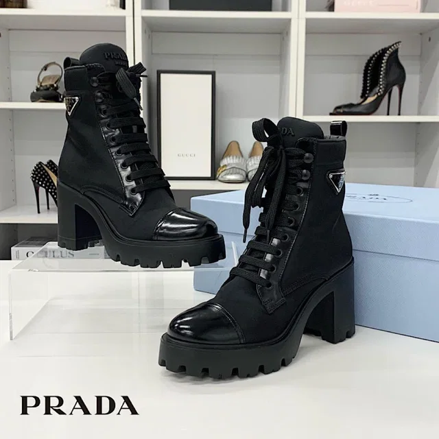 Prada Triangle Logo Nylon Leather Lace Up Short Boots in Nylon from The Reluxe