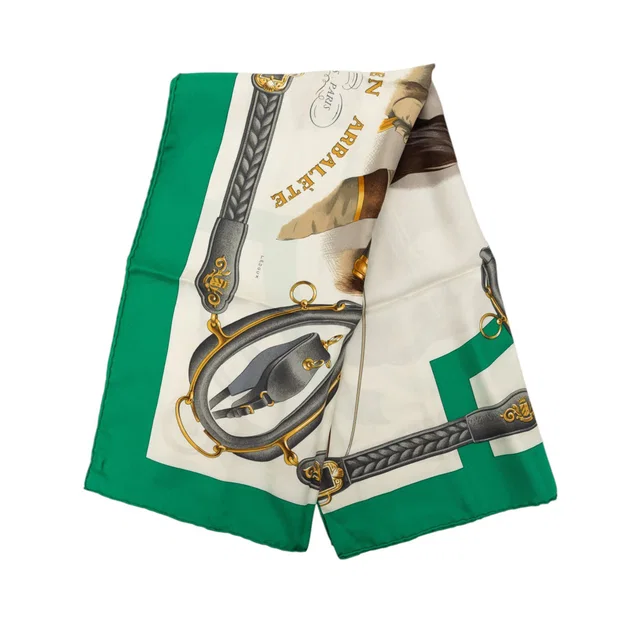 White Hermès Attelage en Arbalete Silk Scarf 90 Scarves in White Silk from Designer Revival
