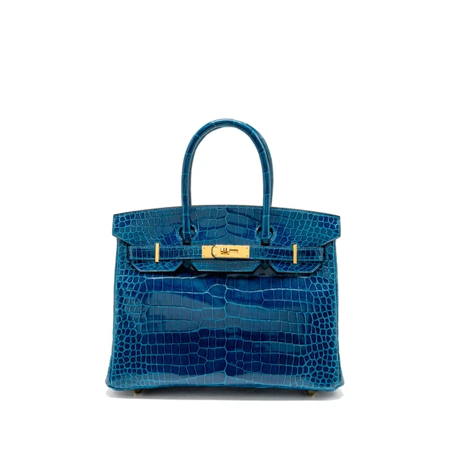 Hermès birkin 30 shiny crocodile porosus 7w bleu izmir GHW stamp A in Blue Crocodile from EMIER