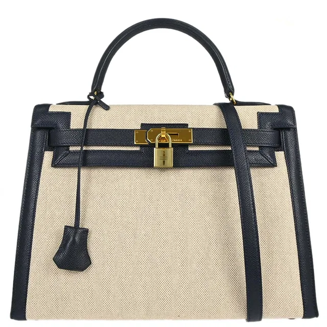 Hermès Blue Indigo Courchevel Toile H Kelly 32 Sellier 2way Shoulder Handbag in Blue Leather from AMORE Vintage Tokyo