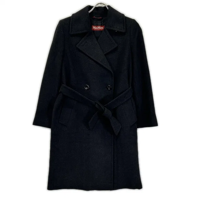 Max Mara Studio Black Double Breasted Wool Silk Angora Belted Coat 32 in Black Silk from The Reluxe
