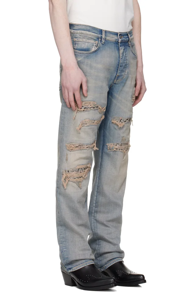 AMIRI Blue Snake Stud Slim Jeans, photo 2 of 4 from SSENSE
