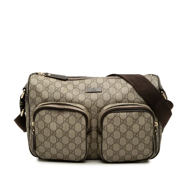 Beige Gucci GG Supreme Double Pocket Crossbody in Beige Coated canvas from Designer Revival
