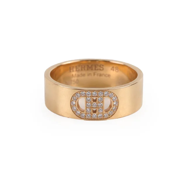 Hermès H Chaine d'Ancre Diamond Rose Gold Size 48 Ring in Pink from The Purse Affair