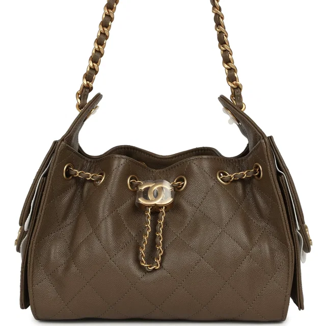 Chanel Mini 25 Hobo Bag Dark Khaki Caviar Antique Gold Hardware in Green Caviar leather from Madison Avenue Couture