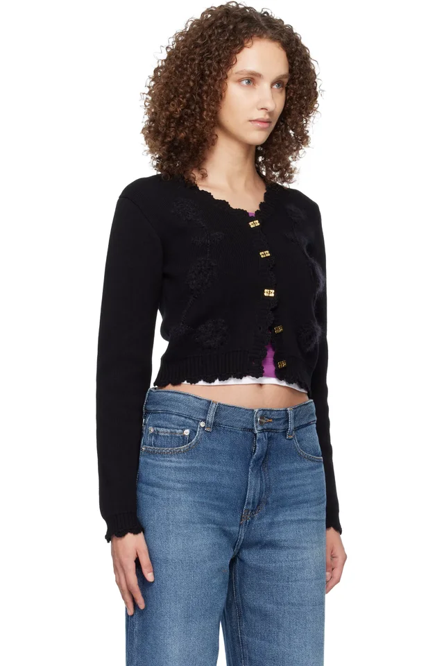 GANNI Black Crochet Appliqué Cardigan, photo 2 of 4 from SSENSE