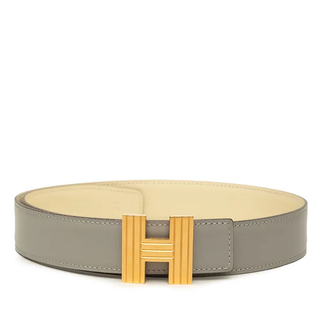 Gray Hermès Box Calf Cadena H Reversible Belt in Grey Box leather from Designer Revival