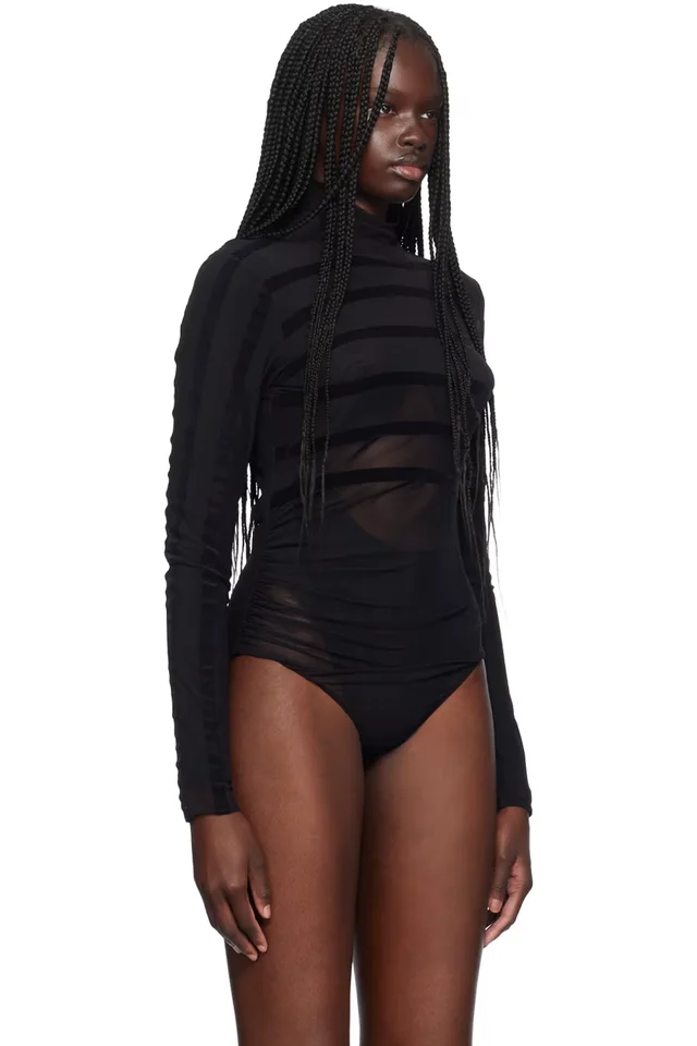 Jean Paul Gaultier Black 'The Striped Flocked' Bodysuit, photo 4 of 5 from SSENSE