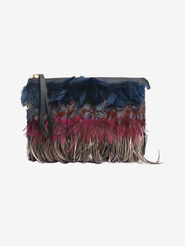 Marni Multicolour large feathered wristlet clutch bag in Wool from Sign of the Times