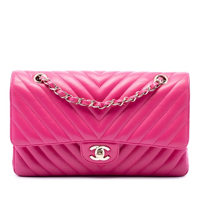 Pink Chanel Medium Classic Chevron Lambskin Double Flap Shoulder Bag in Pink Lambskin from Designer Revival