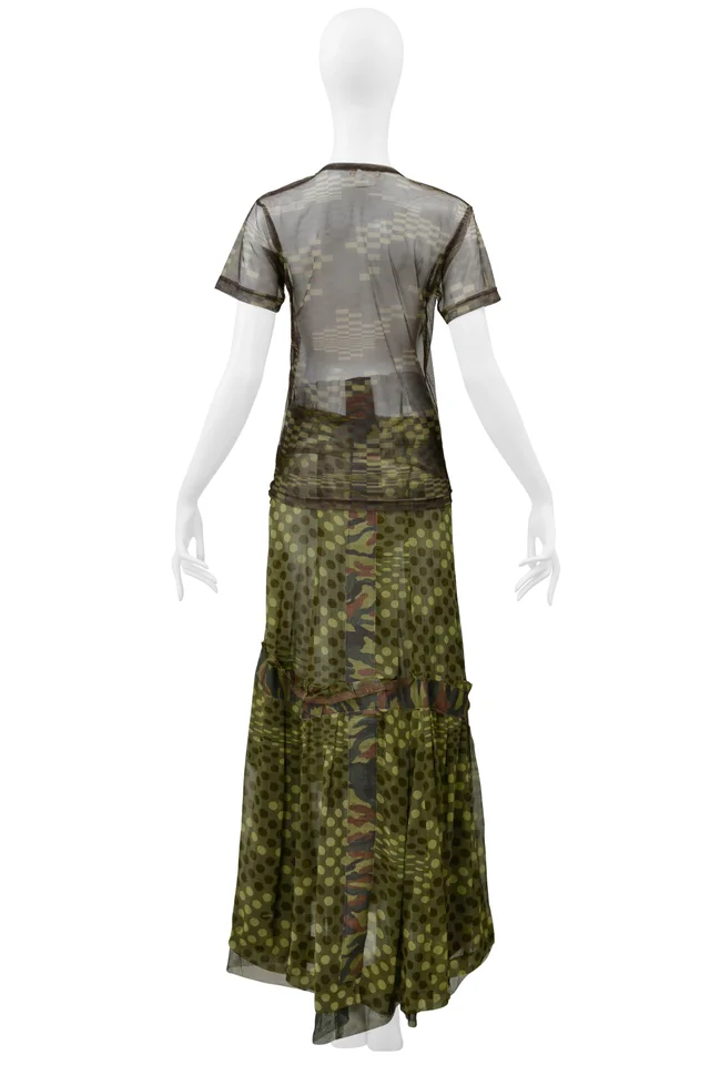 Comme des Garçons Green Camouflage Polka Dot Skirt & Mesh Top Ss 2001 in Green from Resurrection Vintage, photo 2 of 2