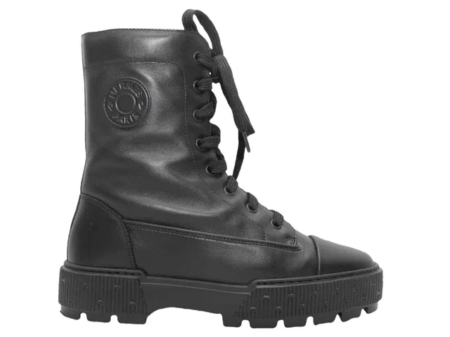 Black Hermes Leather Lace-Up Combat Boots Size 36 in Black Leather from Designer Revival
