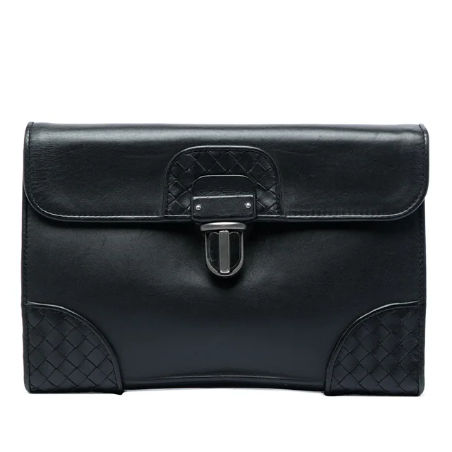 Black Bottega Veneta Intrecciato Trimmed Nappa Slide Lock Clutch in Black Nappa leather from Designer Revival