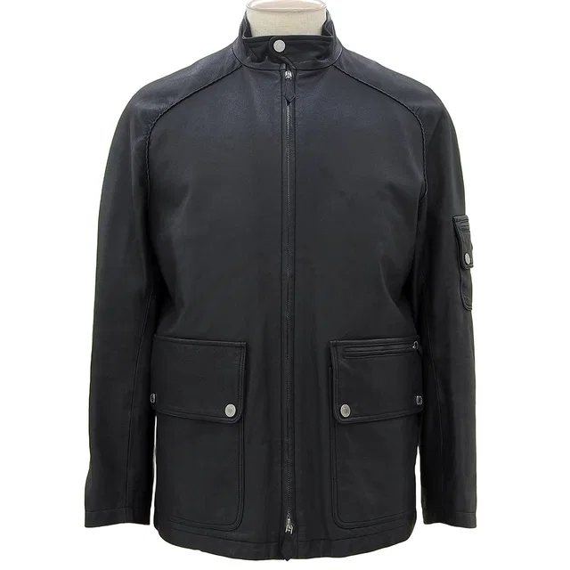 Hermès Leather Serie Button Stand Collar Jacket #48 Black in Black Leather from VINTAGE QOO TOKYO