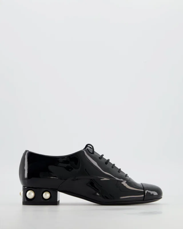 Chanel Black Patent Leather Lace Up Shoes with Pearl and Gold CC Heel Detail Size EU 36.5 in Black Patent leather from Sellier