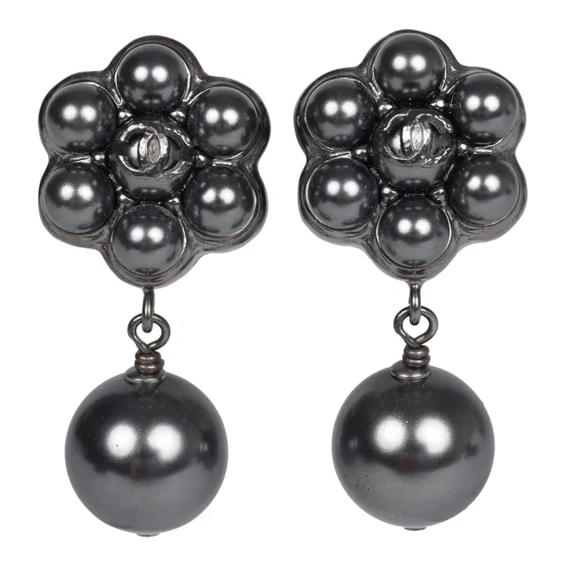 Chanel Flower Pearl Cluster Dangle Earrings Dark Grey Ruthenium Hardware in Grey from Madison Avenue Couture