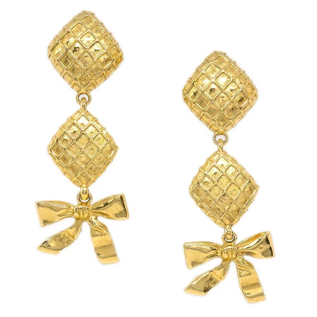 Chanel 1980s Dangle Bow Earrings Clip-On Gold in Gold from AMORE Vintage Tokyo