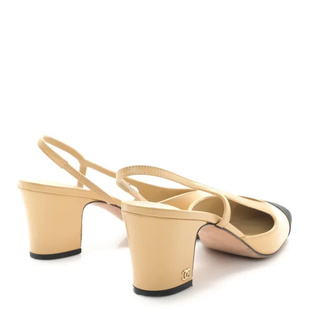 Chanel Grosgrain Cap Toe CC Slingback Pumps 38.5 Beige Black in Black Goatskin from FASHIONPHILE, photo 5 of 9