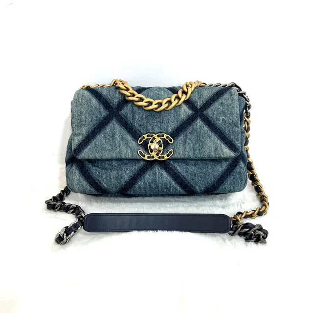 Chanel Blue quilted denim 19 flap medium bag in tricolor chain strap in Blue Denim from Luxury Promise