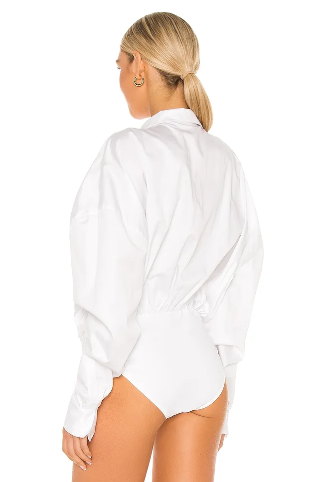 Norma Kamali Oversized Boyfriend Shirt Bodysuit in White, photo 4 of 5 from REVOLVE (Canada)