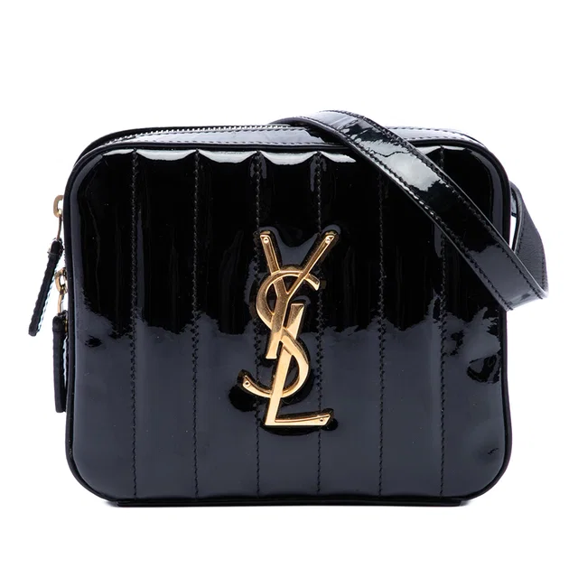 Black Saint Laurent Matelasse Patent Monogram Vicky Belt Bag in Black Patent leather from Designer Revival