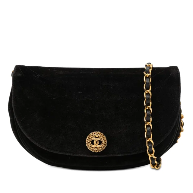 Black Chanel CC Quilted Velvet Half Moon Flap Crossbody Bag in Black Velvet from Designer Revival