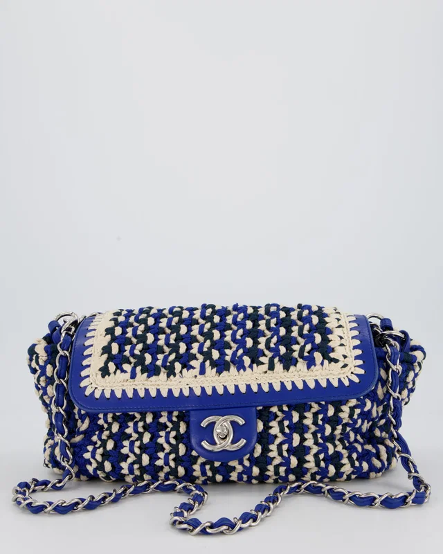Chanel Navy, Blue and Cream Crochet Flap Bag in White Leather from Sellier
