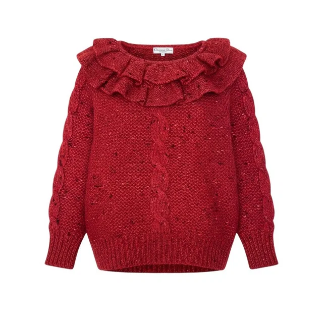 Dior Frill Neck Low Gauge Knit Sweater Red Wool M in Red Wool from The Reluxe