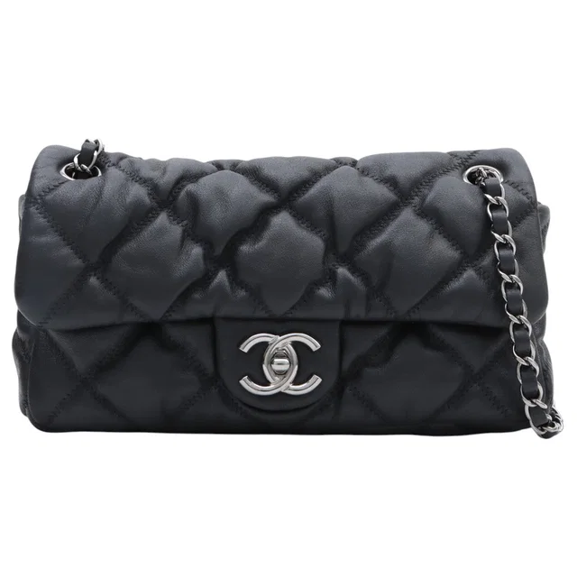 Chanel Circa 2008 Bubble Quilt Chain Shoulder Bag Black in Black Leather from VINTAGE QOO TOKYO