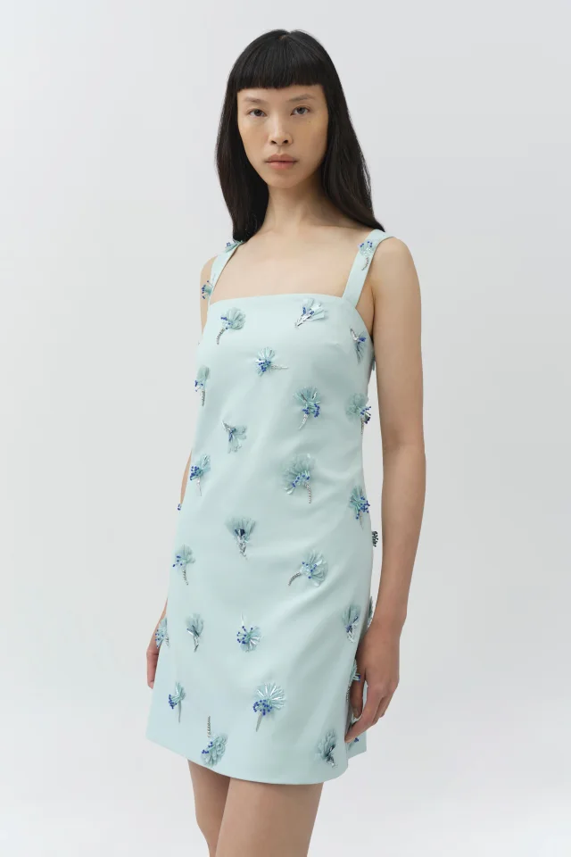 SIMKHAI Ella Embellished Crepe Mini Dress in Sky, photo 3 of 6 from SIMKHAI