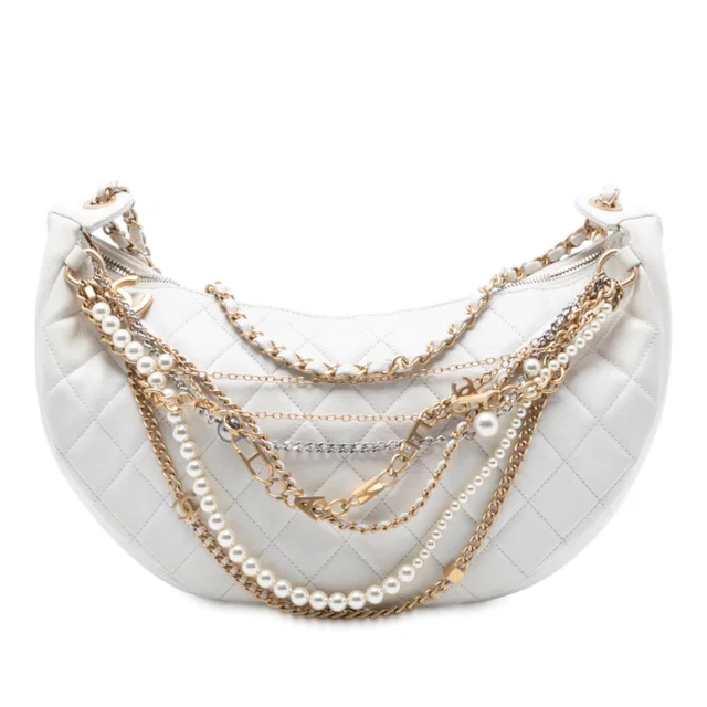 White Chanel Quilted Lambskin All About Chains Hobo in White Lambskin from Designer Revival