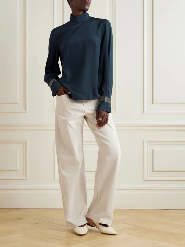 BRUNELLO CUCINELLI Bead-embellished silk crepe de chine turtleneck blouse in Blue, photo 2 of 2 from NET-A-PORTER (Canada)