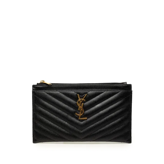 Black Saint Laurent Chevron Grain De Poudre Monogram Bill Pouch Clutch Bag in Black Leather from Designer Revival