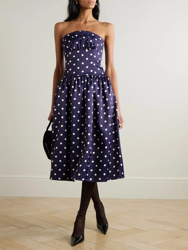 SELF-PORTRAIT Strapless pleated polka-dot satin midi dress in Blue, photo 2 of 2 from NET-A-PORTER (Canada)
