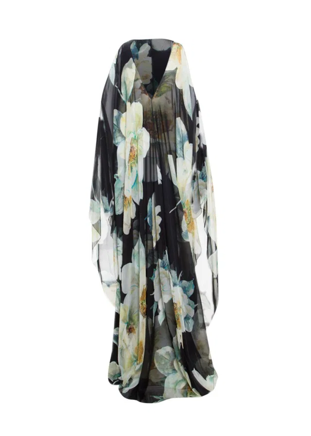 Lanvin Black Silk Printed Cold Shoulder Kaftan Gown in Black Silk from HEWI
